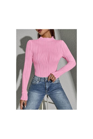Fashion's Kadın Pembe Elastanlı Mendil Ovarlok Yuvarlak Yaka Uzun Kollu Bluz Pembe