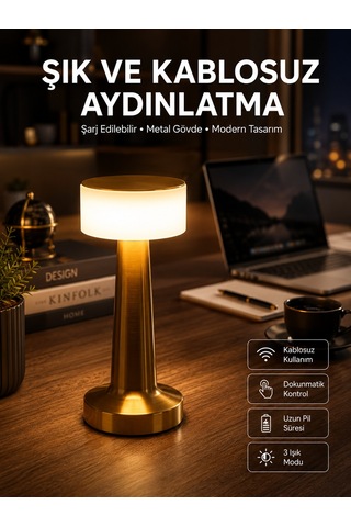 Altın Rengi Masa Ve Gece Lambası Dokunmatik Şarjlı Masa Lambası - Bayi Depom Diğer