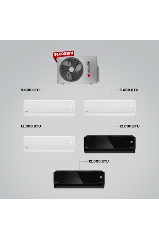 Arçelik 1+5 Multi Sistem 36100 MD Pro Dış Ünite 2 Adet 9 BTU Beyaz + 2 Adet 12 BTU Siyah + 12 BTU Beyaz İç Üniteler Duvar Tipi Klima