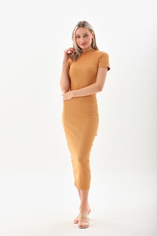 Kallima Hardal Kısa Kollu Diz Altı Fitilli Esnek Kalem Elbise - 130 Cm Hardal