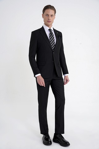Efor Slim Fit Mono Yaka Esnek Yünlü Siyah Çizgili Takım Elbise Tk 942