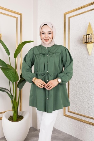 Harman Butik Kadın Düğmeli Bağlamalı Haki Gömlek Haki Haki