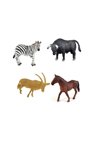 Dörtlü Vahşi Hayvanlar Seti Zebra Dağ Keçisi At ve Boğa Figür Set