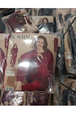 Boyraz Kadın Kışlık Fransız Kadife Bisiklet Yaka Uzun Kol Pijama Takımı 03092- 1 Adet Bordo