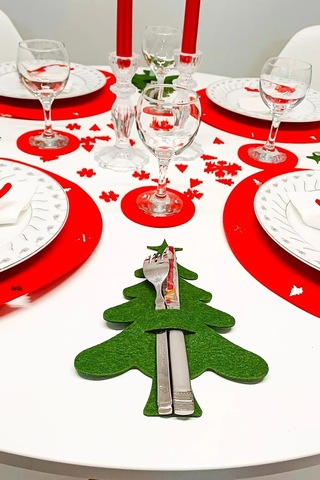 Yılbaşı Temalı Supla Seti Kırmızı-yeşil Keçe, 4 Kişilik Kırmızı