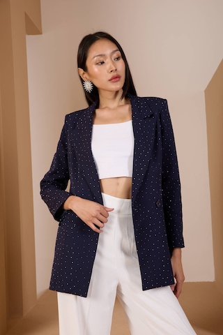 Lacivert Regular Dokuma Astarlı Taş Detaylı Blazer Ceket Lacivert