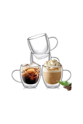 Çift Katmanlı Cam Kupa Bardak 250 Ml Lüx Çift Cidarlı Kupa - Termos Bardak - İki Duvarlı Yapısı İle Uzun Süre Sıcak-soğuk Tutma Özelliği, Kulplu Kahve Espresso Bardağı Brosilikat Double Layer Cup 6998
