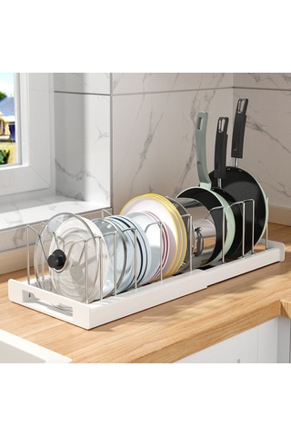 Geri Çekilebilir Ayarlanabilir Mutfak Depolama Rafı Tencere Kapağı Bulaşık Tava Depolama Standı - Beyaz