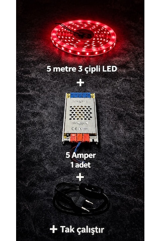 Utfak Dolabı Tezgah Üstü Ve Ev Dekarasyon Için 5 Metre Şerit Led Işık Trafo Anahtarlı Tak Çalıştır Kablo Kırmızı - 5 Metre