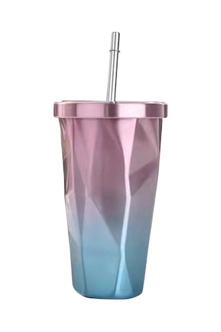 Honmex Stahl Çift Katlı Isı Saklama Bardak, Damla Desenli, Pipetli, 500ml, Renk Seçenekli Mor