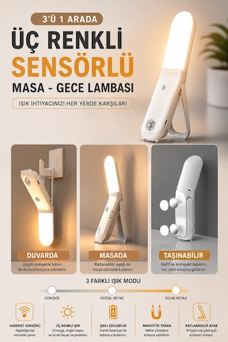 Şarjlı Sensörlü Led Gece Lambası 3 Renk Dokunmatik Manyetik Askılı Masaüstü Dolap Lambası Sensörlü Beyaz