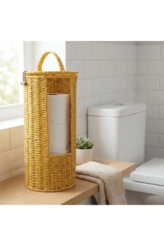 Askılı Plastik Rattan Tuvalet Kâğıdı Standı - Hasır Görünümlü, Kapaklı, Yedekli Wc Kâğıtlık, Banyo Ve Tuvalet İçin Dekoratif Organizer Bx40 Çok Renkli