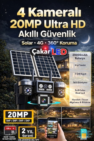 4 Kamera 20mp Ultrahd Güneş Enerjili Sim Kartlı 360 Güçlü Batarya 12xzoom Güvenlik Kamerası