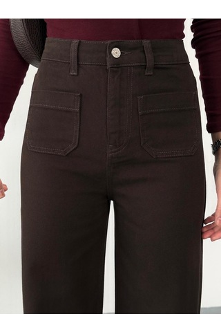 Kadın Kahverengi Ön Cepli Wide-leg Jean Yüksek Bel Geniş Paça Kot Pantolon Kahverengi