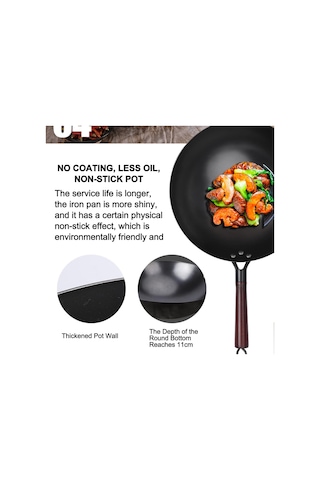 Çinli El Dövülmüş Demir Woks, Yuvarlak Tabanlı Dökme Demir Wok & Ahşap Kapaklı Kızartma Tavaları, Kaplama, Daha Az Yağ, Yapışmaz Pot-36cm 30cm Ahşap