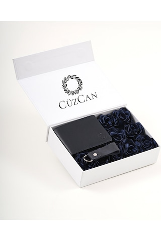 Premium Gift Rose Box - Joseph Lacivert Hakiki Deri Cüzdan - Anahtarlık Ve Lacivert Gül Kutusu Lacivert