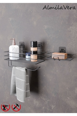 Güçlü Yapışkanlı Banyo Rafı Kağıt Havlu Tutacağı Ve Metal Sabunluk Set Düzenleyici Siyah