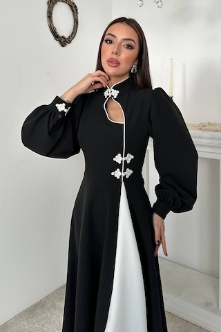 Alemdarshop Siyah Çin Düğmeli Garnili Elbise