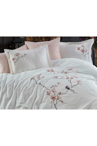 Dantela Hüma Nakışlı Pamuk Saten Çift Kişilik Krem Nevresim Takımı Krem