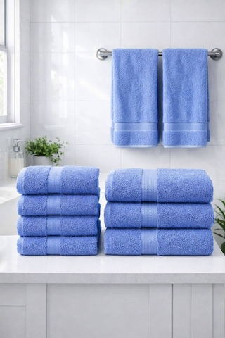 8 Parça %100 Pamuklu Aile Havlu Seti - 4 Adet 70x140 Cm & 4 Adet 50x90 Cm Deeper Mavi-mavi