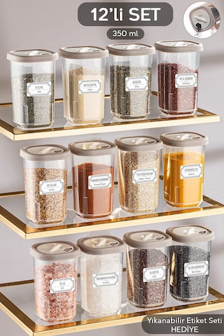 12'li Etiketli Ve Kilitlenebilir Hava Almaz Kapaklı Baharatlık Seti-baharatlık Saklama Kabı Bej