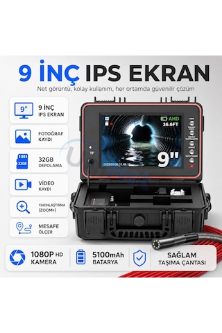 Uninet Boru Ve Kanalizasyon Inceleme Kamerası 50 Metre 23 Mm Otomatik Seviye Ayarlı Gece Görüşlü Kayıt Yapabilen Boru Hattı Endoskop Kamera