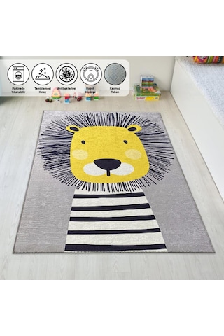 Çocuk Bebek Halısı Sevimli Aslan Desenli Gri Halı Yıkanabilir Kaymaz Taban Gri