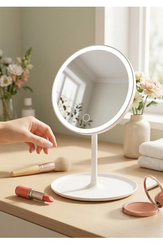 Ledli Yuvarlak Ayna Işıklı Mini Makyaj Aynası 3 Farklı Işık Modu 18 Cm Çok Renkli