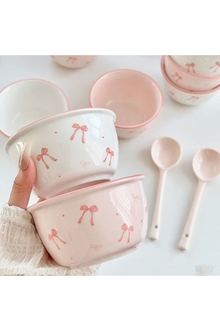 Dondurma Çorbası Pirinç İçin Uygun Benzersiz Renkte Renk Bowknot Deseni İle Pembe Seramik Kase Kaşık Seti Çok Renkli