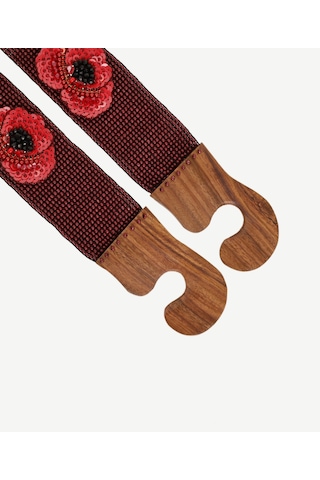 Yargıcı Ahşap Tokalı Ve Çiçek Detaylı Boncuk İşleme Kemer Bordo