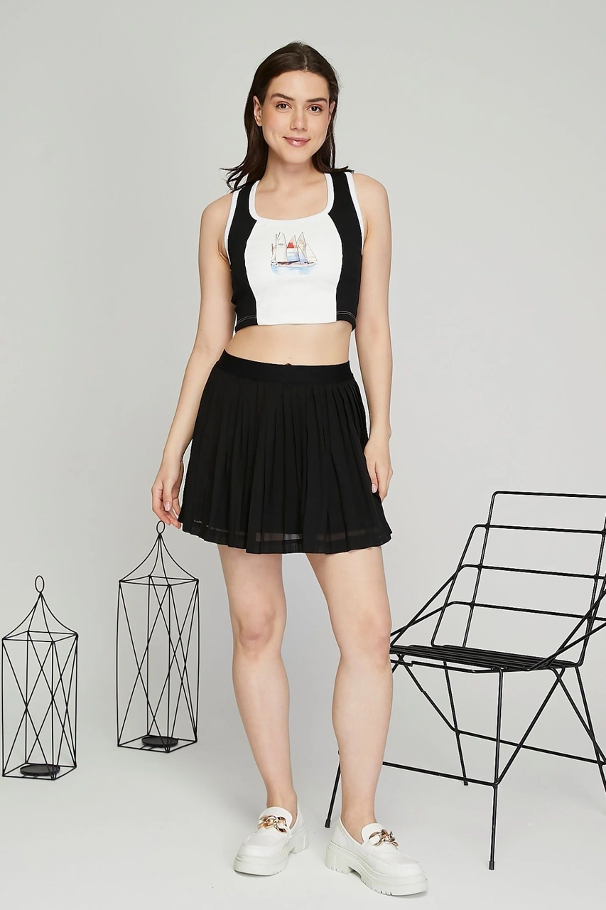 Kadın Deri Crop Ribana Kaşkorse Likralı Deri Garnili Baskılı Crop Büstiyer Deri Üzeri Baskılı Crop Siyah