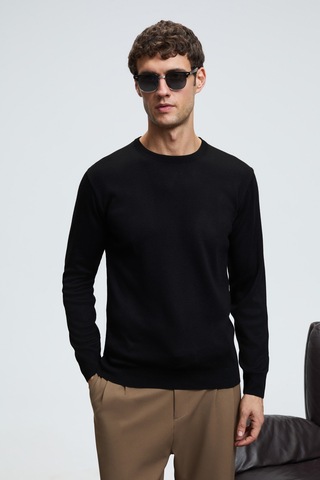 Grimelange Varex Erkek Yuvarlak Yaka Basic Slim Fit Triko Siyah Kazak Siyah