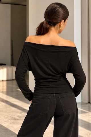 Bb Butik Basic Kadın Madonna Yaka Dökümlü Modal Uzun Kollu Bluz My3535 siyah
