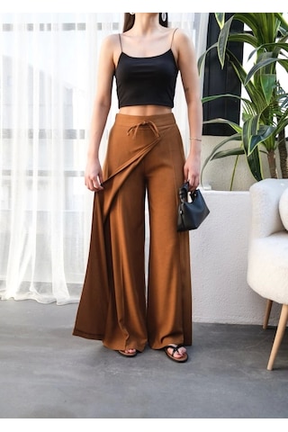 Defymoda Keten Önü Çapraz Parçali Lasti Kli Ve Bağcikli Geni Ş Paça Pantolon Taba