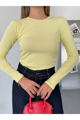 Bisiklet Yaka Basic Uzun Kollu Slim Fit Kadın Body SARI