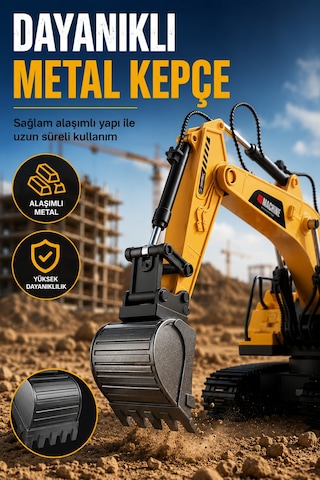 Buharlı Işıklı Sesli Metal Alaşım Excavator Uzaktan Kumandalı Rc İş Makinesi Sarı