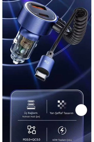 Toocki 60w Yaylı Şarj Kablolu 3 Girişli Type-c Ve Usb Hızlı