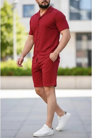 Etiler Collection Erkek Waffle Kumaş Kısa Kollu Gömlek Şort Takım Regular Fit Yazlık İkili Set - Bordo