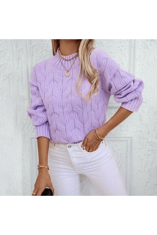 Tongxida Kadın Büyük Beden Yarım Yüksek Yaka Bükülmüş Örgü Kazak - Sonbahar/kış - Bol Bükülmüş Çiçekli Kazak - Mor Mor