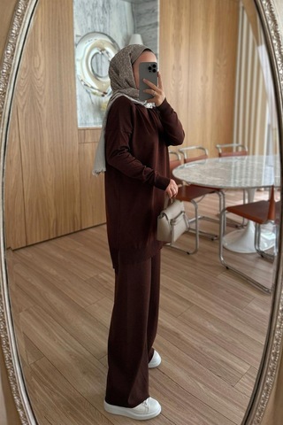 Ka Hijab Işıltılı Merserize Takım - Kahverengi