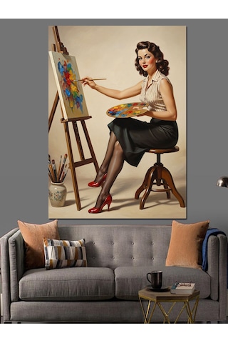 Ahşap Tablo Ressam Kadın Fırça Boya