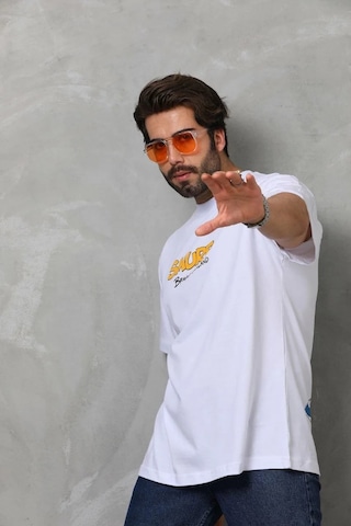 Erkek Kısa Kol Yazlık Tişört Bisiklet Yaka Baskılı Oversize T-shirt - Beyaz Siyah