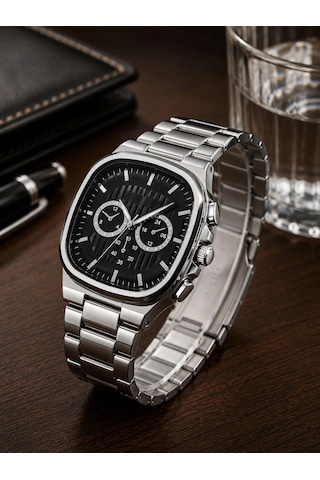 Erkek Gümüş Renk Metal Kordon Analog Kol Saati Siyah Kadran Takvim Göstergeli - Gümüş Çok Renkli