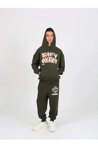 Erkek Çocuk Yazı Detaylı 2 İplik Kapüşonlu Sweatshirt-15229 Haki