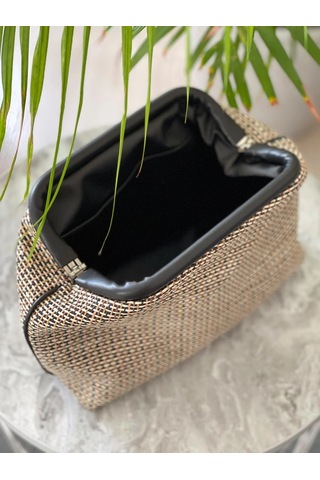 Muz Lifi Dokuma Siyah Deri Detaylı El Çantası Siyah