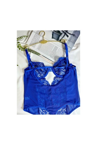La Linaa Elanor Mavi Çıtçıtlı Dantelli Transparan Balenli Bodysuit Lacivert - 699340148 Lacivert