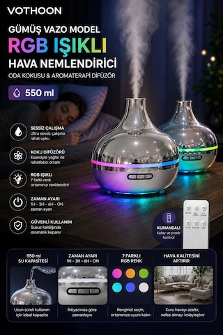 Gümüş Vazo Model Rgb Işıklı Hava Nemlendirici & Aromaterapi Difüzör 550 Ml Kumandalı Diğer