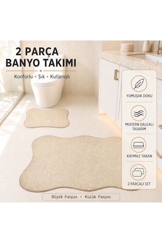 2 Li Banyo Paspası Halısı Seti Kaymaz Tabanlı Yıkanabilir Klozet Takımı Bej