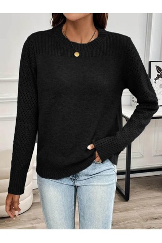 Kadın Uzun Kollu Bisiklet Yaka Triko Bluz Siyah