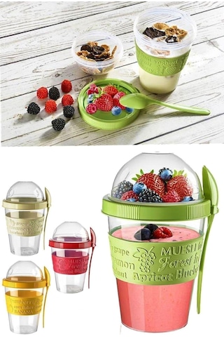 Gat Shop Sağlıklı Ve Zinde Yaşam Için Kapaklı Kaşıklı Meyveli Yoğurt Yulaf Müsli Diyet Hazırlama Saklama Kabı Çok Renkli